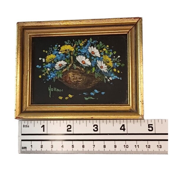 Miniature Oil Painting Daisy Flowers In Wicker Basket Signed Vivian Hollan Swain - Picture 9 of 9